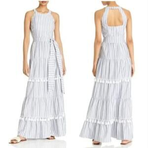 Eliza J Gray White Stripe Halter Tie Waist Tiered Tassel Maxi Dress 8